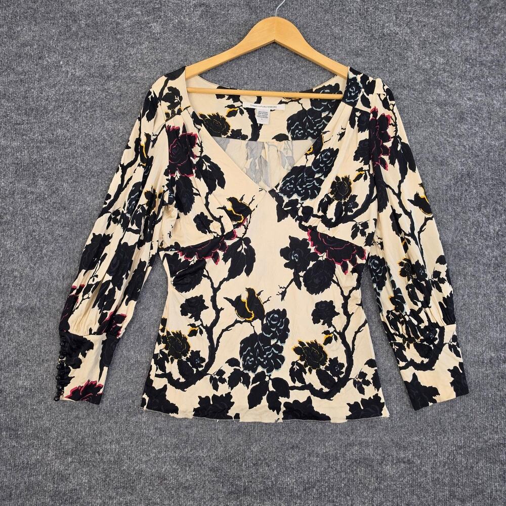 Diane Von Furstenberg Blouse Large Floral V Neck Balloon Sleeve Elegant Office